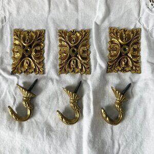Vintage Gold Brass Wall Hooks Curtain Tie Back Ornate Victorian Style